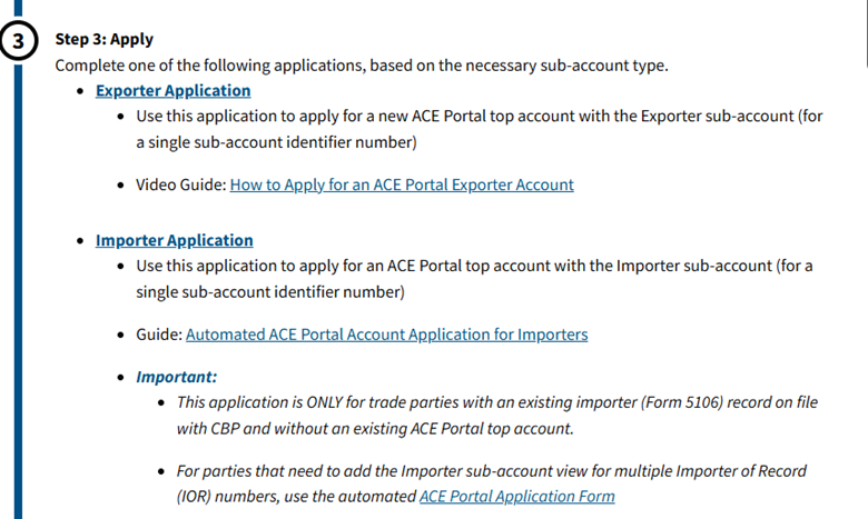 CBP page showing Step 3 Apply with the Importer Application link